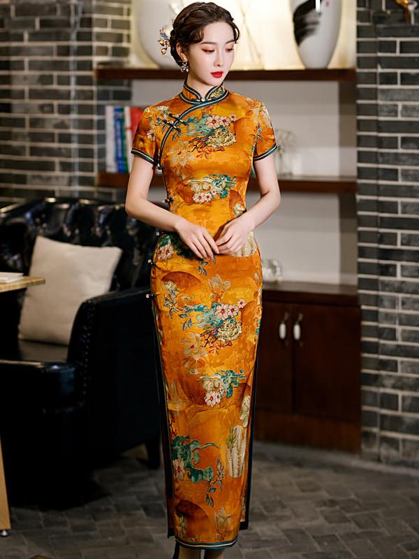 花罗缎旗袍2024新款春季女气质复古日常改良民国风长款修身旗袍裙