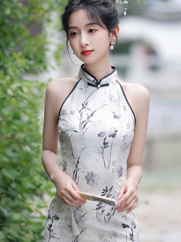 2024夏季新款 挂脖提花中长款旗袍水墨画无袖修身旗袍